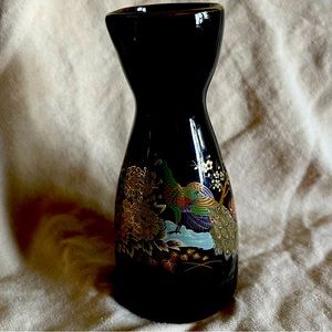 Made in Japan Saki bottle with pour spout.  Two peacocks in design vintage